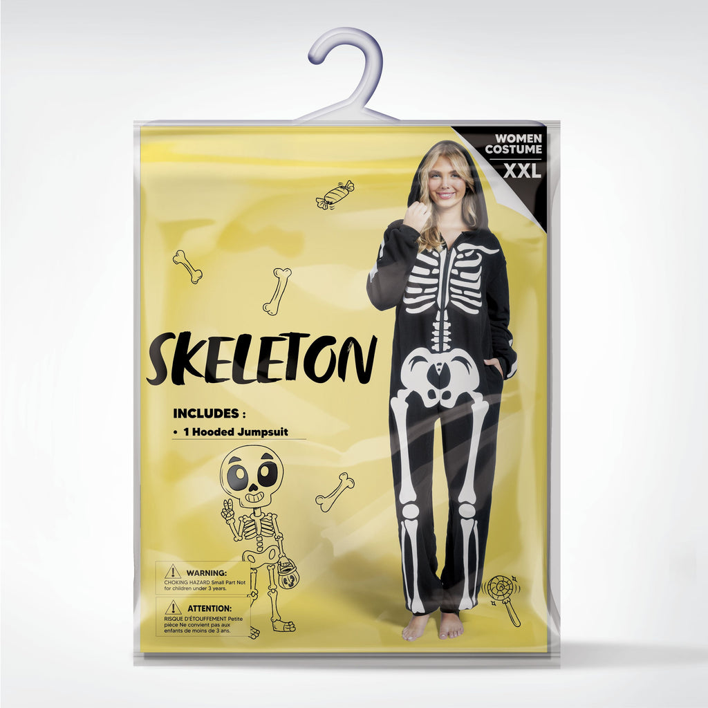 Adult Skeleton Costume Women'S Skeleton Bodysuit Pajamas Zipper Hooded Bodysuit Halloween Cosplay Costume Pajamas Home Clothes Black