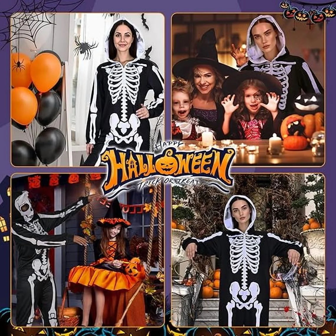 Halloween Women Skeleton Costumes Front and Back Bone Double Sided Print Skeleton Onesie Adult Hooded with Zip up Mask Jumpsuit