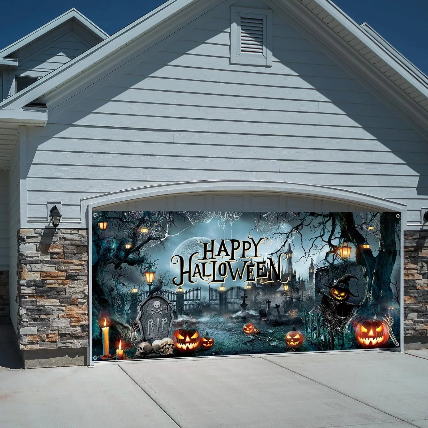 Happy Halloween Garage Door Cover Decorations, 6 X 16 Ft Large Horror Halloween Garage Door Banner Scary Halloween Murals Backdrop Outdoor Halloween Garage Door Cover for Halloween Decoration