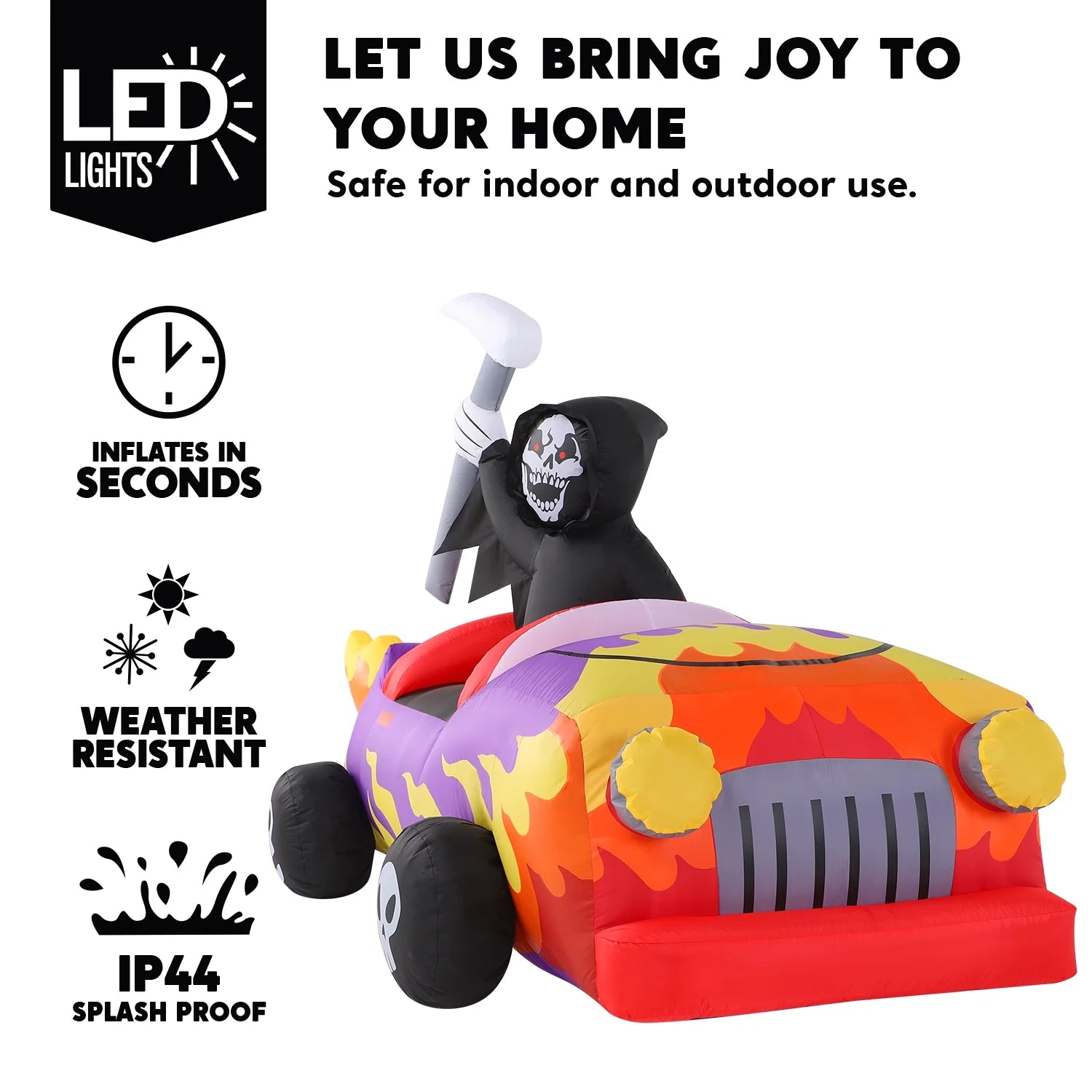 8Ft Long Halloween Inflatables Grim Reaper Driving Car Outdoor Decorations,Spooky Grim Reaper Carriage Built-In Leds,Blow up Halloween Decoration for Yard