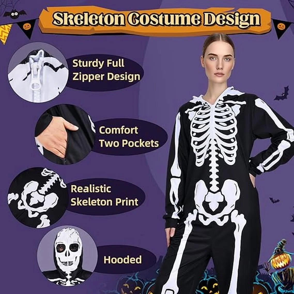Halloween Women Skeleton Costumes Front and Back Bone Double Sided Print Skeleton Onesie Adult Hooded with Zip up Mask Jumpsuit