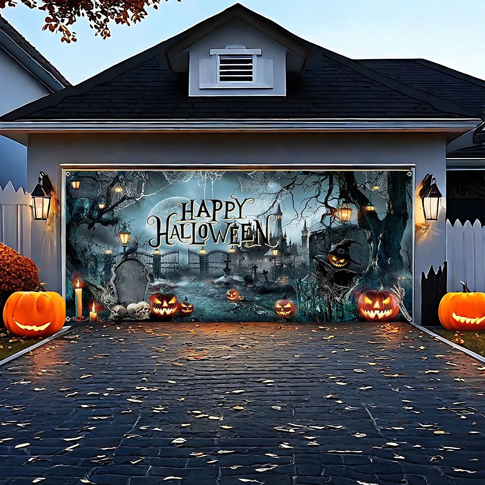 Happy Halloween Garage Door Cover Decorations, 6 X 16 Ft Large Horror Halloween Garage Door Banner Scary Halloween Murals Backdrop Outdoor Halloween Garage Door Cover for Halloween Decoration