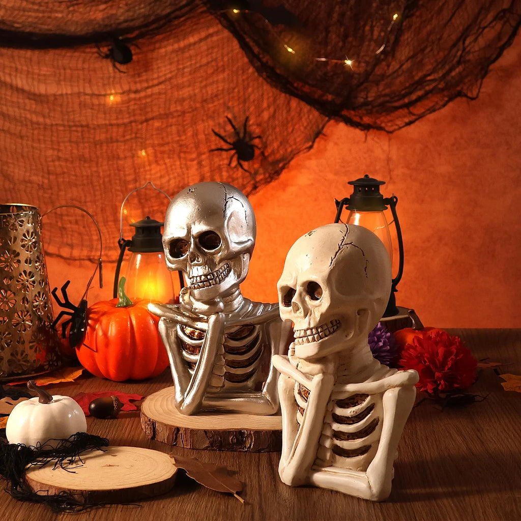 2PCS Skeleton Halloween Decor, Thinking Skeleton Halloween Decorations Indoor for Table