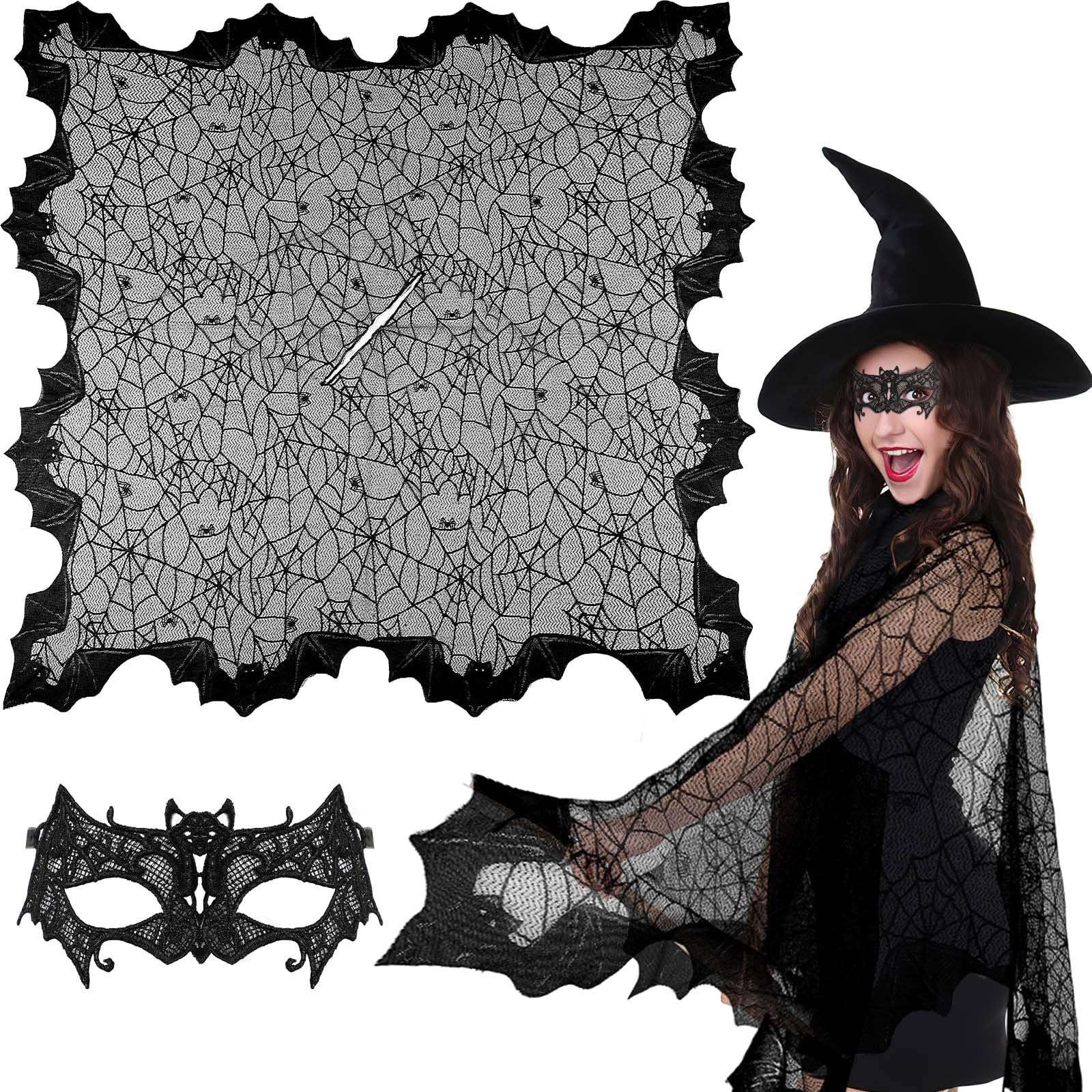 2 Pcs Halloween Poncho for Women Black Bat Spider Web Poncho and Lace Mask Masquerade Mask Halloween Party Cosplay Costume Accessory Day of the Dead Costume,Cannot Be Listed on Amazon Platform