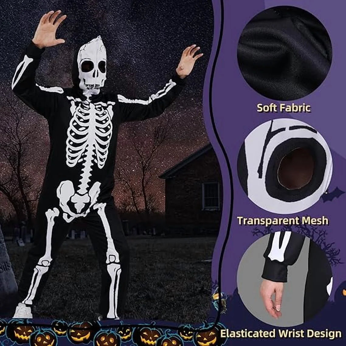 Halloween Women Skeleton Costumes Front and Back Bone Double Sided Print Skeleton Onesie Adult Hooded with Zip up Mask Jumpsuit