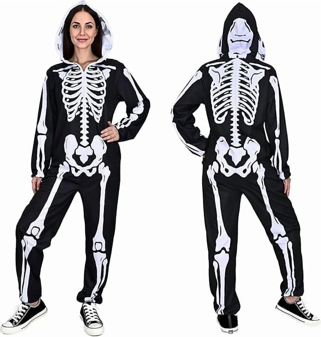 Halloween Women Skeleton Costumes Front and Back Bone Double Sided Print Skeleton Onesie Adult Hooded with Zip up Mask Jumpsuit