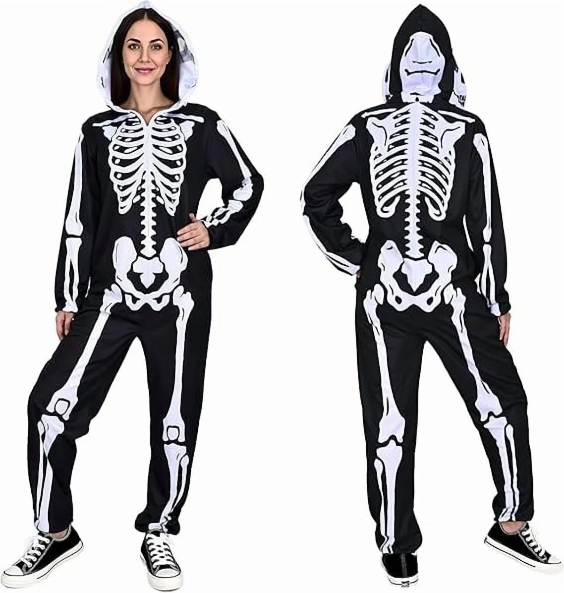 Halloween Women Skeleton Costumes Front and Back Bone Double Sided Print Skeleton Onesie Adult Hooded with Zip up Mask Jumpsuit