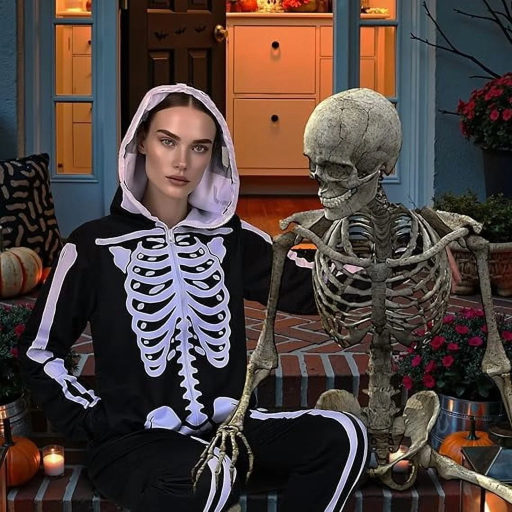 Halloween Women Skeleton Costumes Front and Back Bone Double Sided Print Skeleton Onesie Adult Hooded with Zip up Mask Jumpsuit