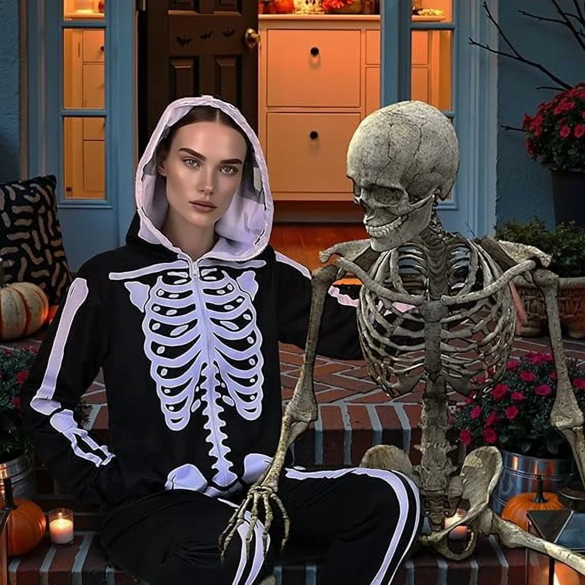 Halloween Women Skeleton Costumes Front and Back Bone Double Sided Print Skeleton Onesie Adult Hooded with Zip up Mask Jumpsuit