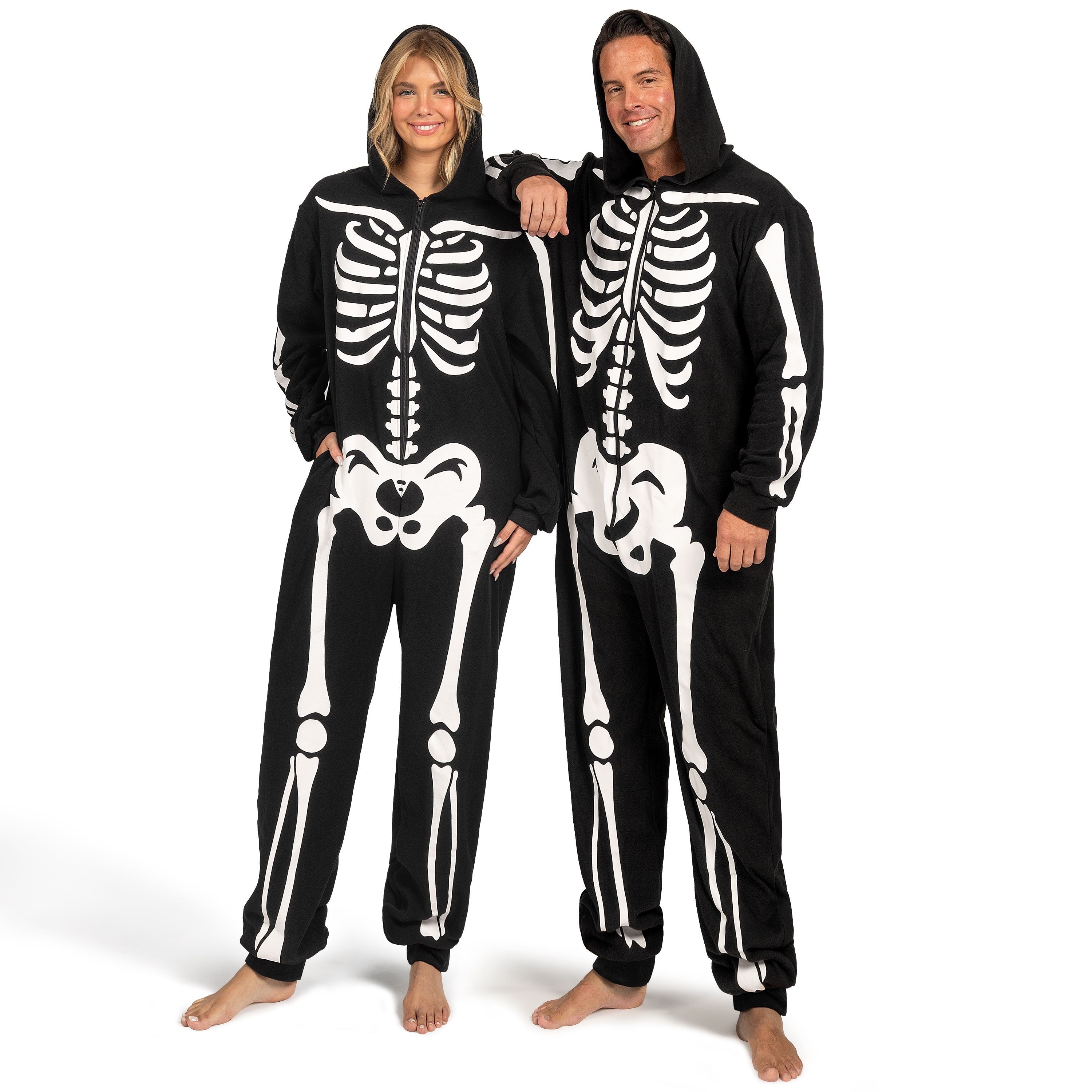 Adult Skeleton Costume Women'S Skeleton Bodysuit Pajamas Zipper Hooded Bodysuit Halloween Cosplay Costume Pajamas Home Clothes Black