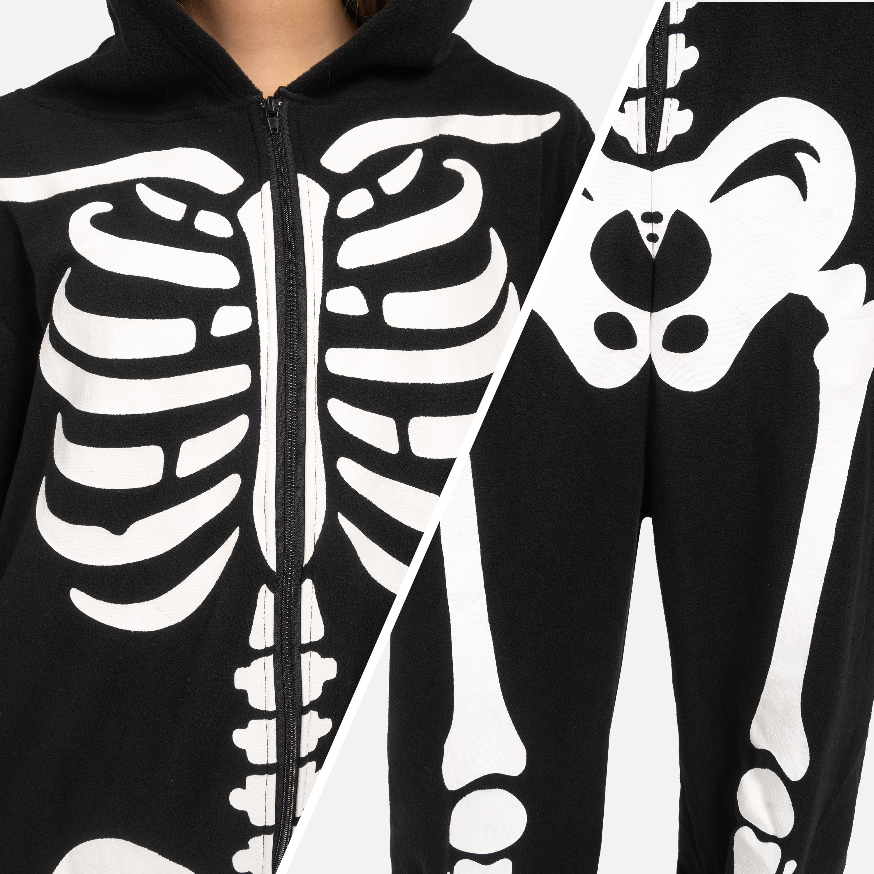 Adult Skeleton Costume Women'S Skeleton Bodysuit Pajamas Zipper Hooded Bodysuit Halloween Cosplay Costume Pajamas Home Clothes Black