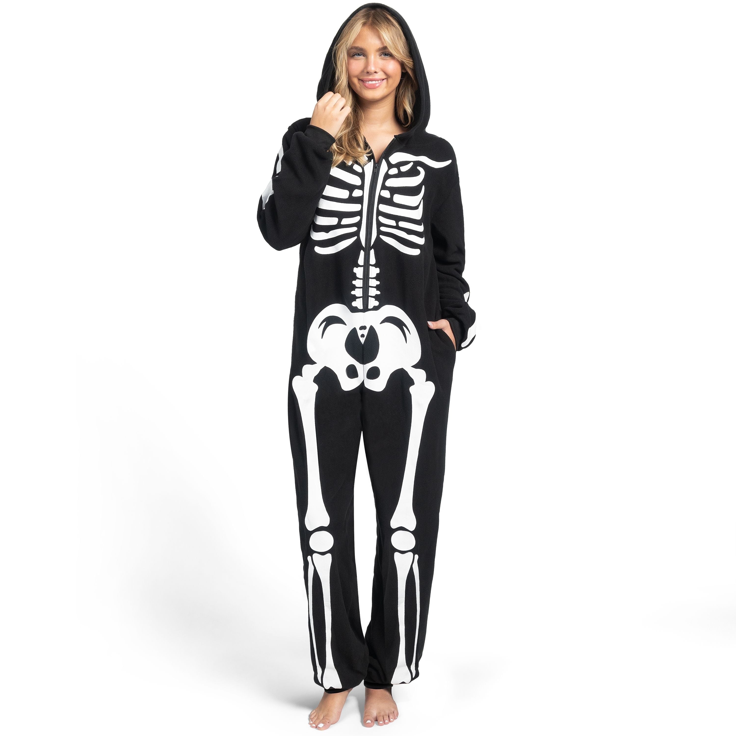 Adult Skeleton Costume Women'S Skeleton Bodysuit Pajamas Zipper Hooded Bodysuit Halloween Cosplay Costume Pajamas Home Clothes Black