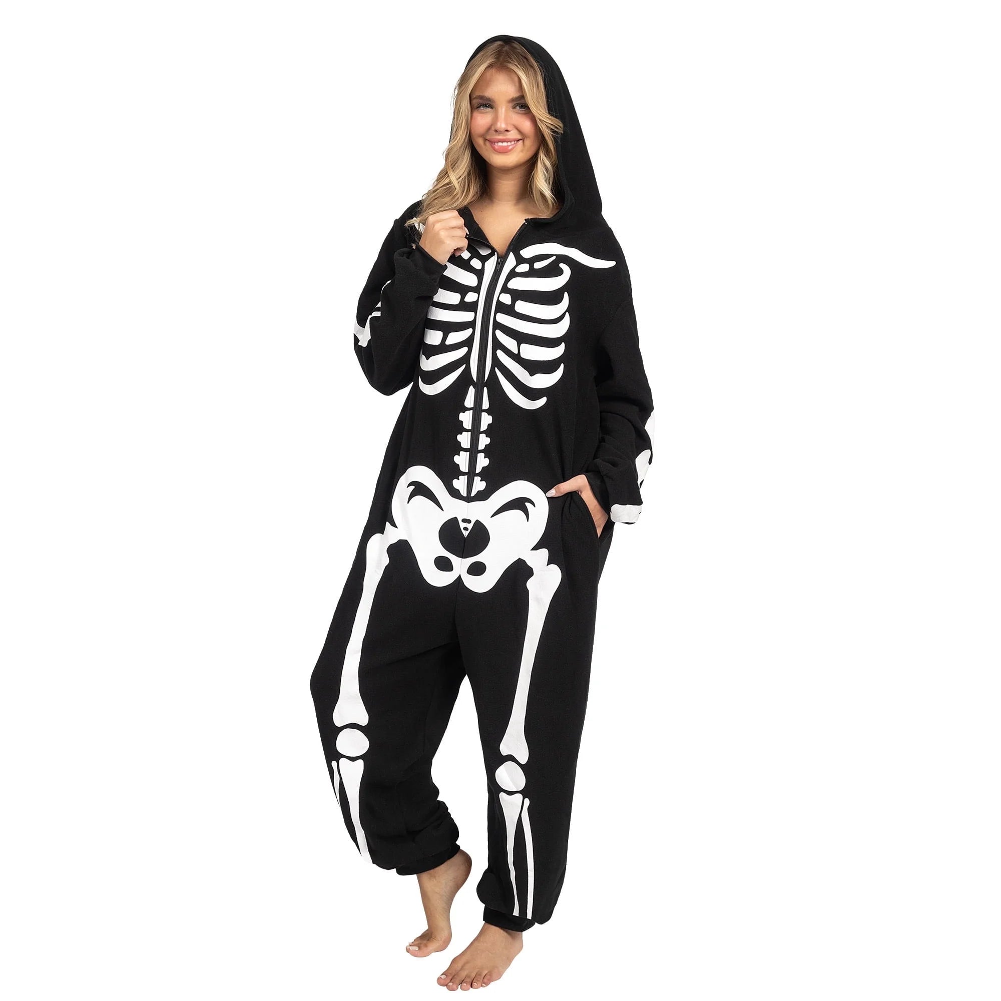 Adult Skeleton Costume Women'S Skeleton Bodysuit Pajamas Zipper Hooded Bodysuit Halloween Cosplay Costume Pajamas Home Clothes Black