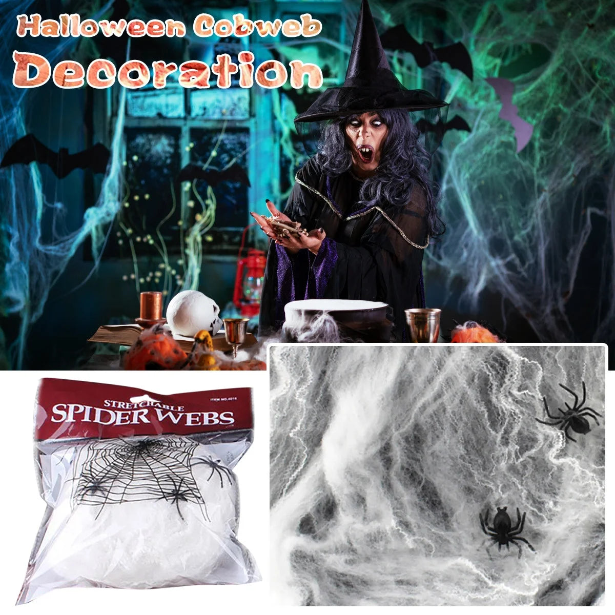 300 Sq Ft Halloween Spider Web Decorations, with 2 Black Fake Spiders, Outdoor Large Stretch Spider Web Cobwebs Indoor White Halloween Decorations