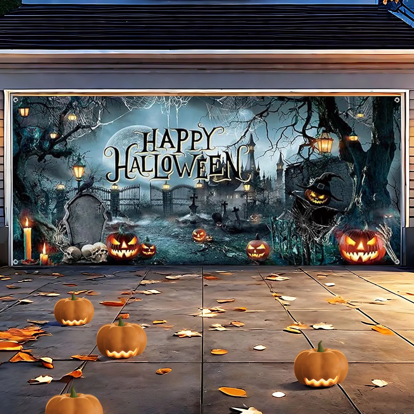 Happy Halloween Garage Door Cover Decorations, 6 X 16 Ft Large Horror Halloween Garage Door Banner Scary Halloween Murals Backdrop Outdoor Halloween Garage Door Cover for Halloween Decoration