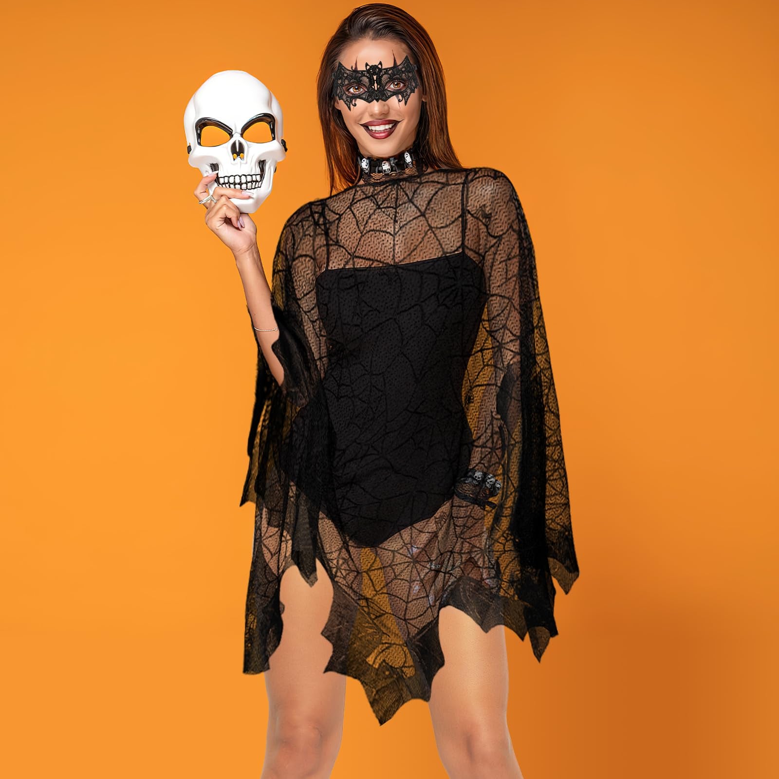 2 Pcs Halloween Poncho for Women Black Bat Spider Web Poncho and Lace Mask Masquerade Mask Halloween Party Cosplay Costume Accessory Day of the Dead Costume,Cannot Be Listed on Amazon Platform