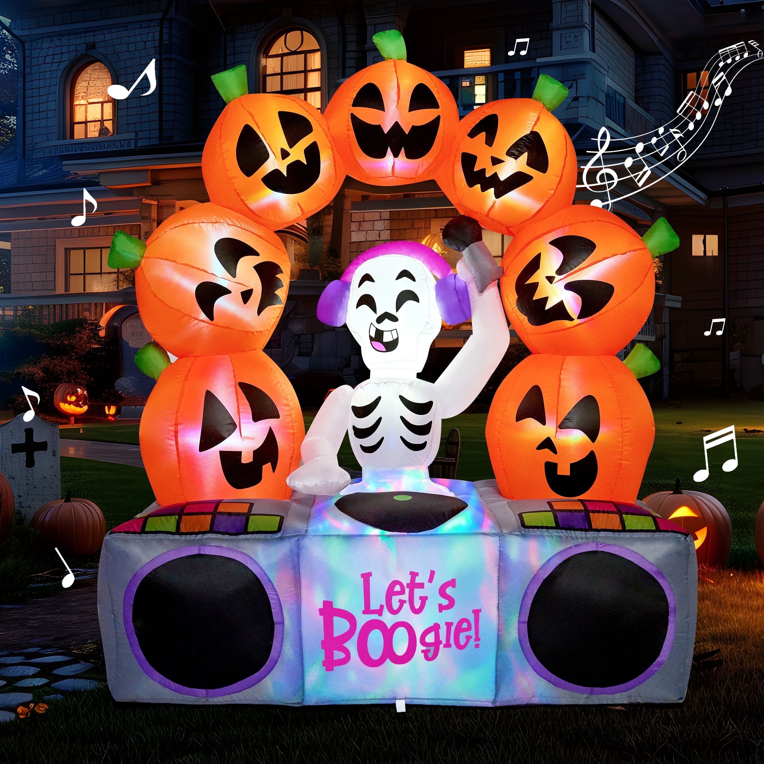 6 FT Halloween Inflatable Pumpkin Skeleton with Colorful Leds and Music Decorations with Build-In Leds,Outdoor Halloween Ghost Decorations Blow up Yard Decorations