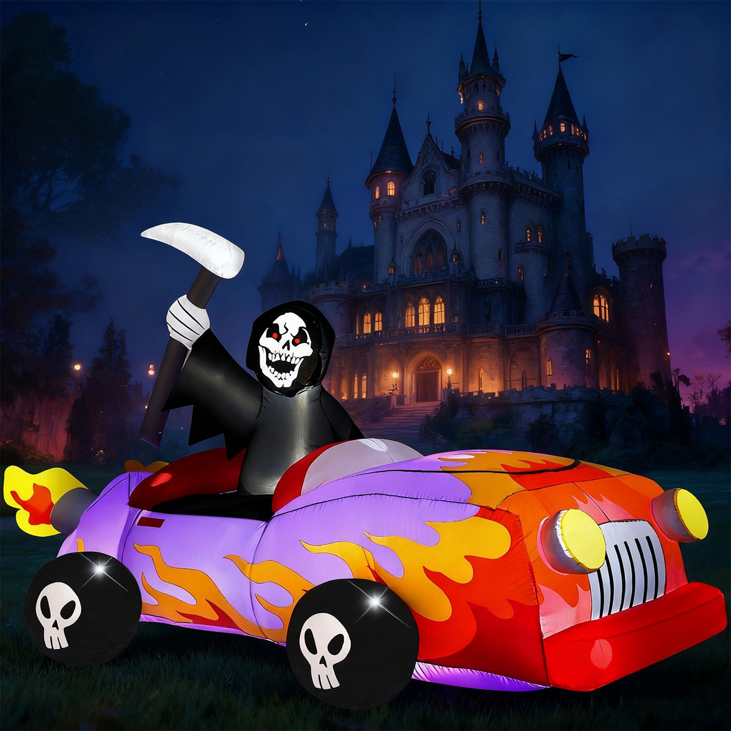 8Ft Long Halloween Inflatables Grim Reaper Driving Car Outdoor Decorations,Spooky Grim Reaper Carriage Built-In Leds,Blow up Halloween Decoration for Yard