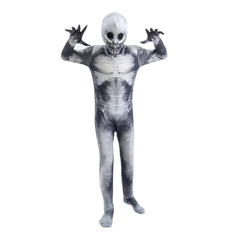 Halloween Ghost Skin Costume Grim Reaper Costume Scary Skeleton Tights Shadow Demon Bodysuit Costume for Kids Dress up Party