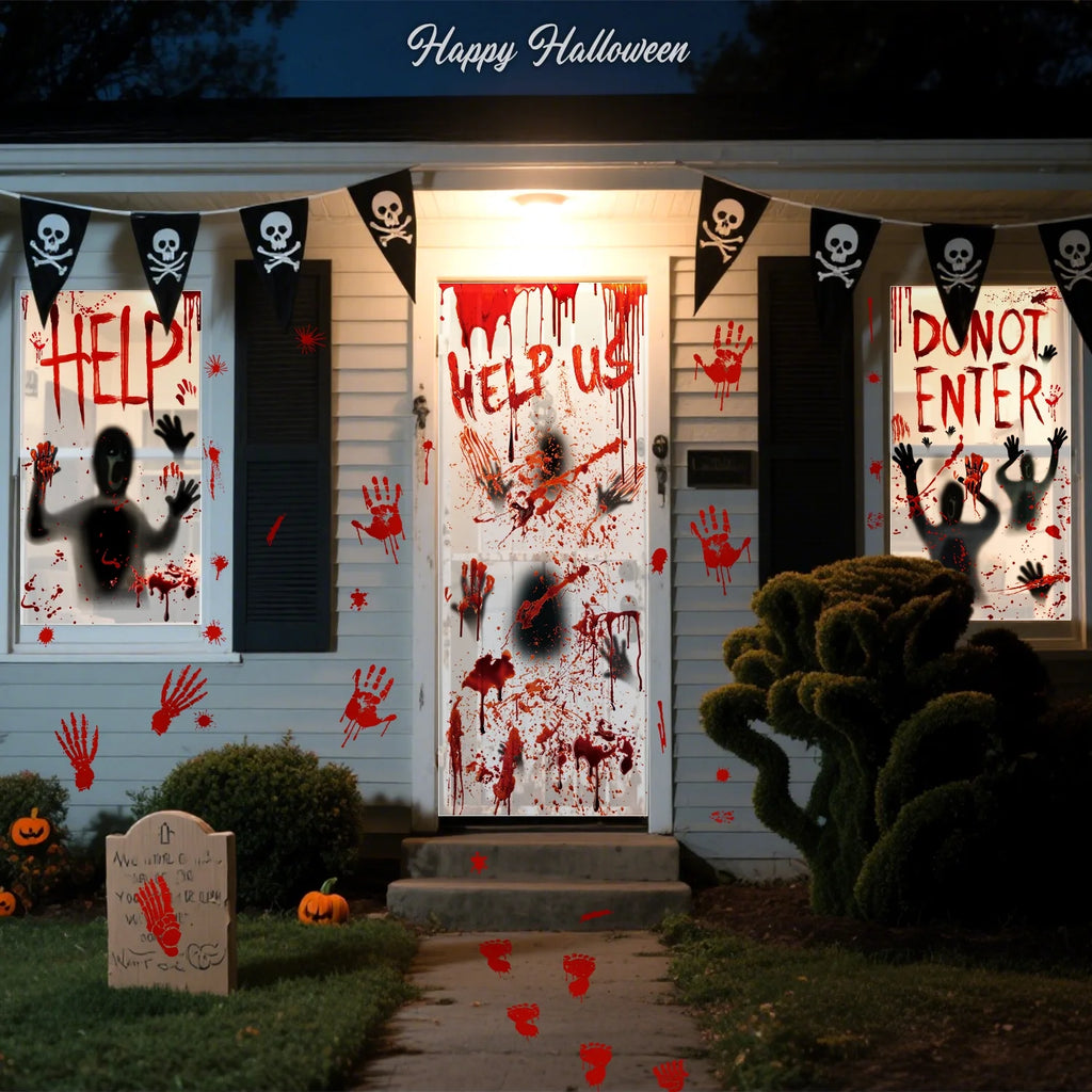 Halloween Window Clings for Spooky Halloween Window Decorations, Horror Window Stickers with Blood Handprint