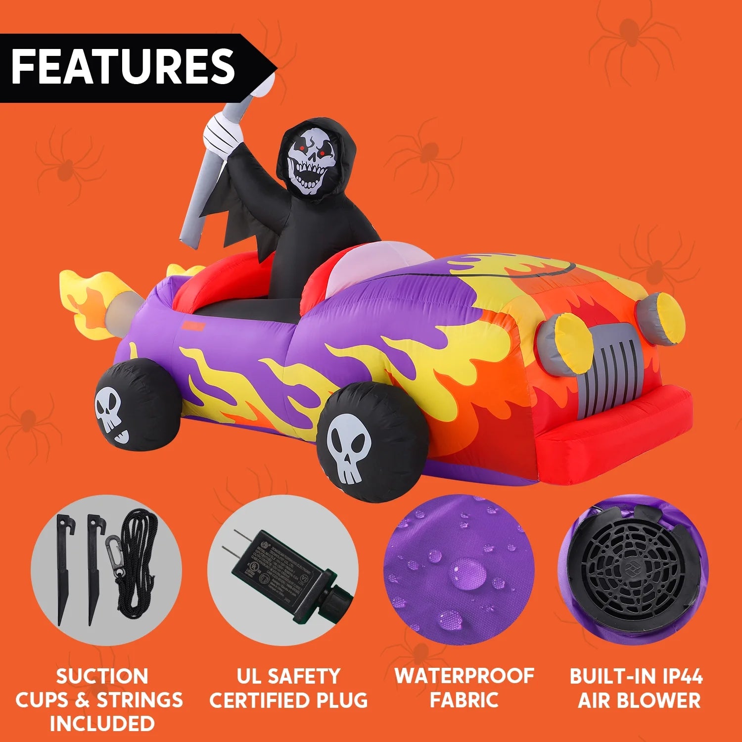 8Ft Long Halloween Inflatables Grim Reaper Driving Car Outdoor Decorations,Spooky Grim Reaper Carriage Built-In Leds,Blow up Halloween Decoration for Yard