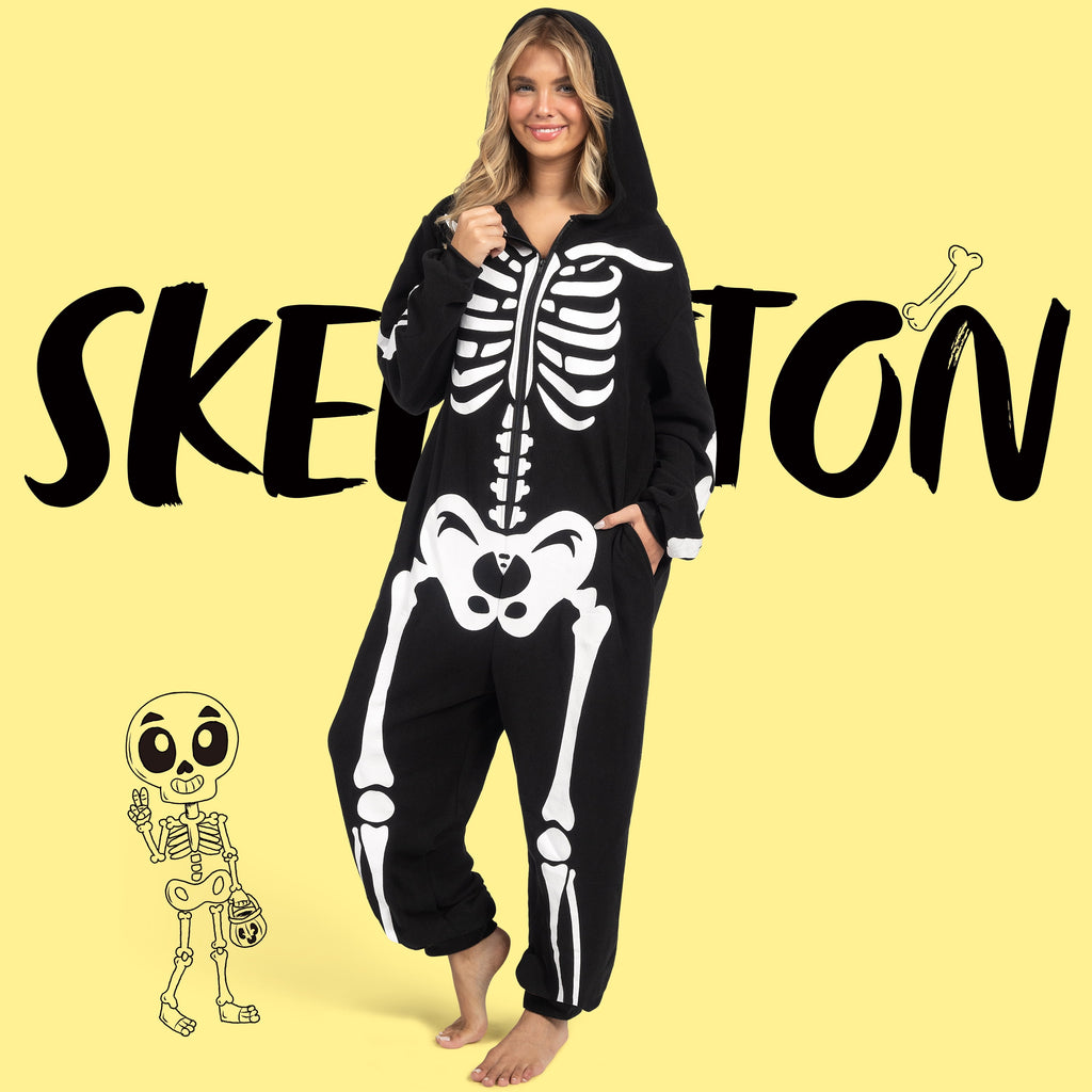Adult Skeleton Costume Women'S Skeleton Bodysuit Pajamas Zipper Hooded Bodysuit Halloween Cosplay Costume Pajamas Home Clothes Black