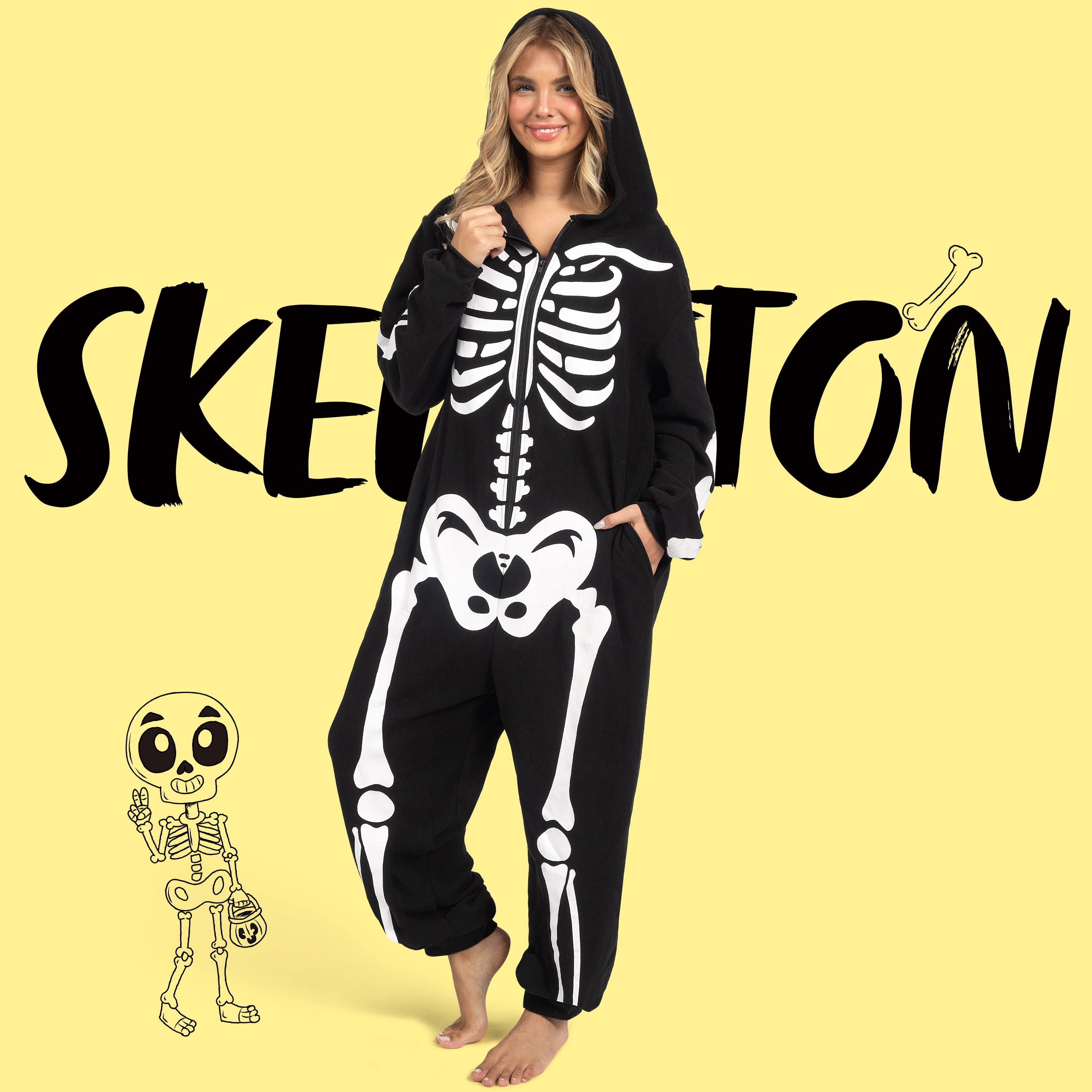 Adult Skeleton Costume Women'S Skeleton Bodysuit Pajamas Zipper Hooded Bodysuit Halloween Cosplay Costume Pajamas Home Clothes Black