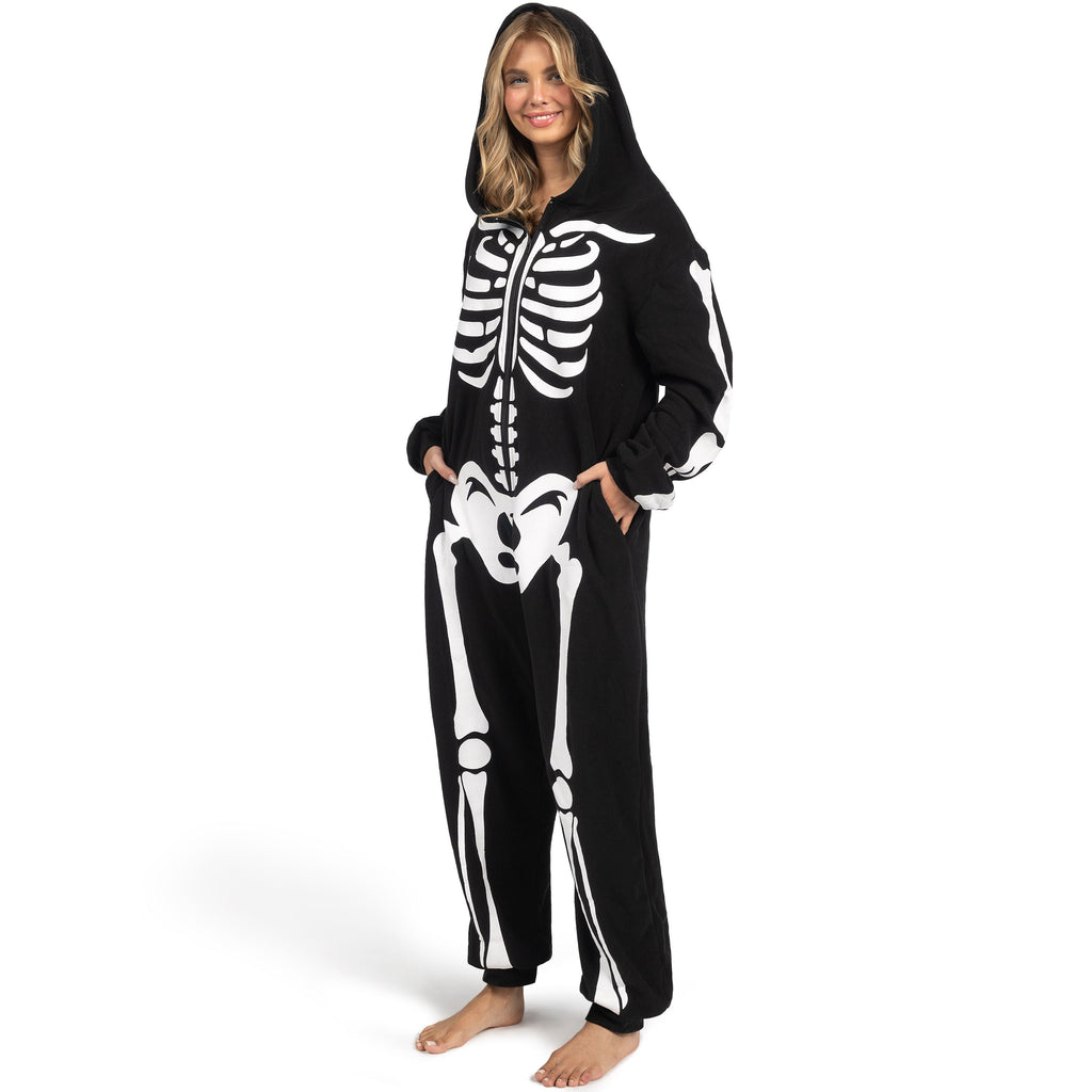 Adult Skeleton Costume Women'S Skeleton Bodysuit Pajamas Zipper Hooded Bodysuit Halloween Cosplay Costume Pajamas Home Clothes Black