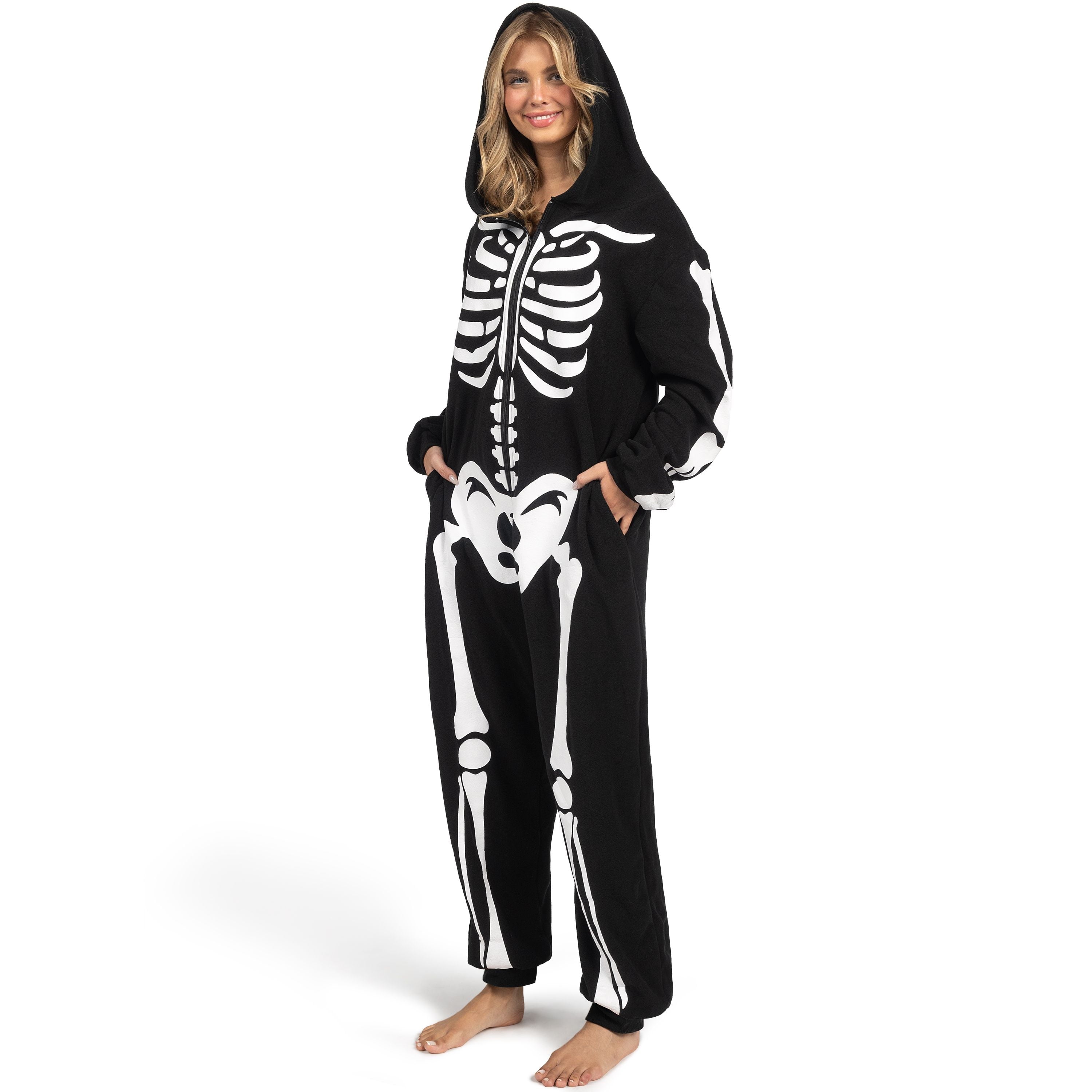 Adult Skeleton Costume Women'S Skeleton Bodysuit Pajamas Zipper Hooded Bodysuit Halloween Cosplay Costume Pajamas Home Clothes Black