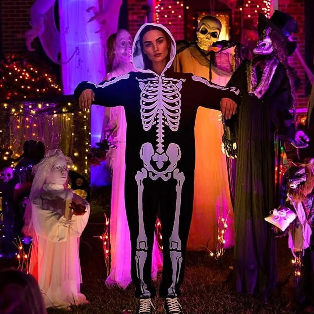 Halloween Women Skeleton Costumes Front and Back Bone Double Sided Print Skeleton Onesie Adult Hooded with Zip up Mask Jumpsuit