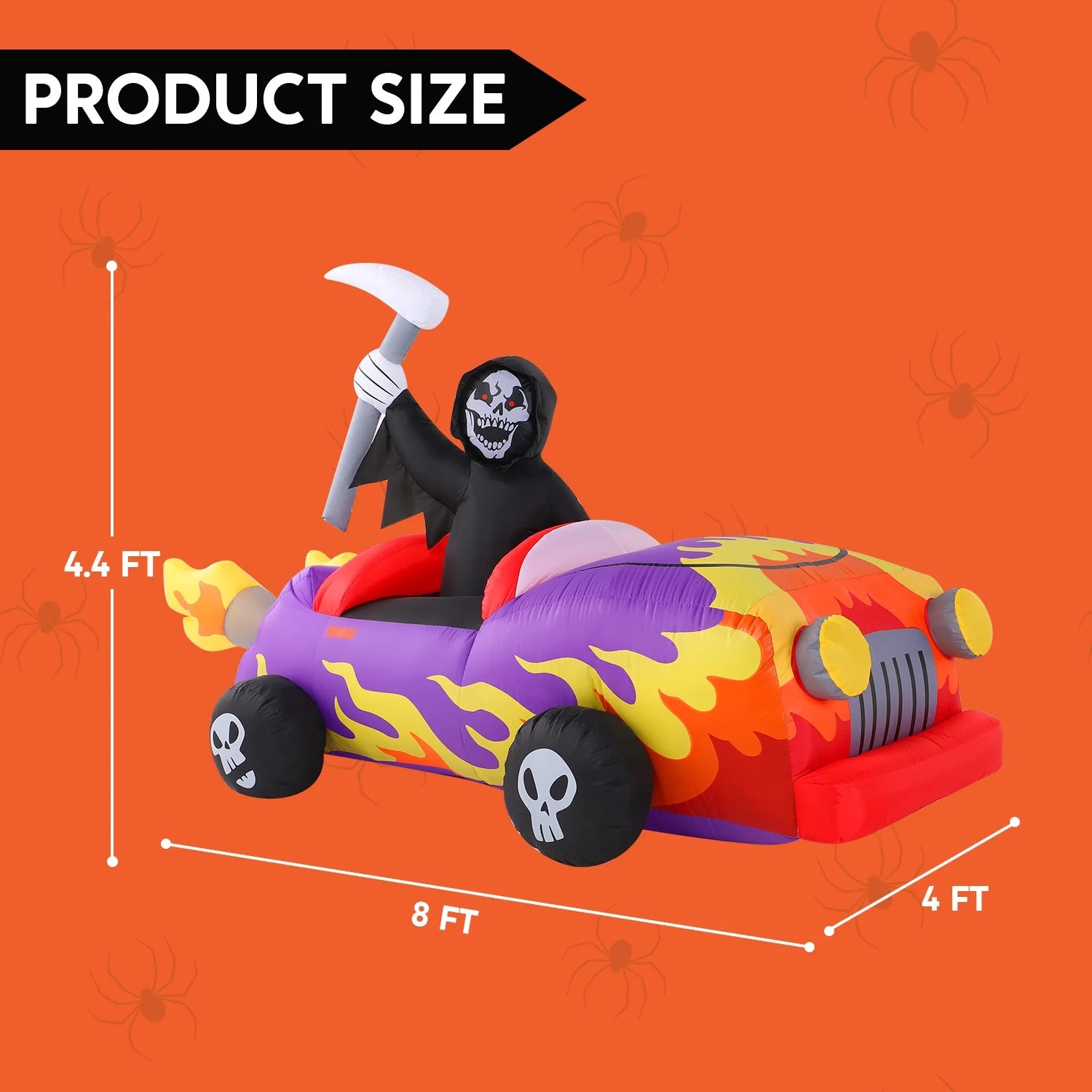 8Ft Long Halloween Inflatables Grim Reaper Driving Car Outdoor Decorations,Spooky Grim Reaper Carriage Built-In Leds,Blow up Halloween Decoration for Yard