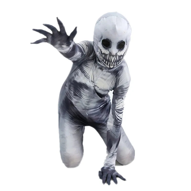 Halloween Ghost Skin Costume Grim Reaper Costume Scary Skeleton Tights Shadow Demon Bodysuit Costume for Kids Dress up Party