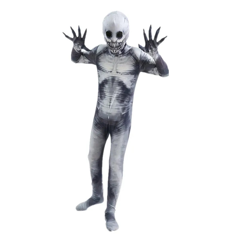Halloween Ghost Skin Costume Grim Reaper Costume Scary Skeleton Tights Shadow Demon Bodysuit Costume for Kids Dress up Party