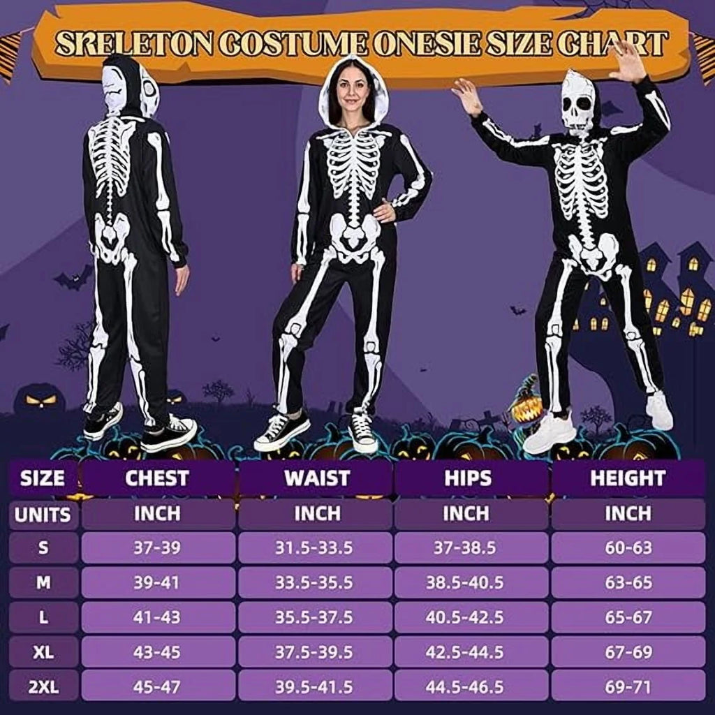Halloween Women Skeleton Costumes Front and Back Bone Double Sided Print Skeleton Onesie Adult Hooded with Zip up Mask Jumpsuit