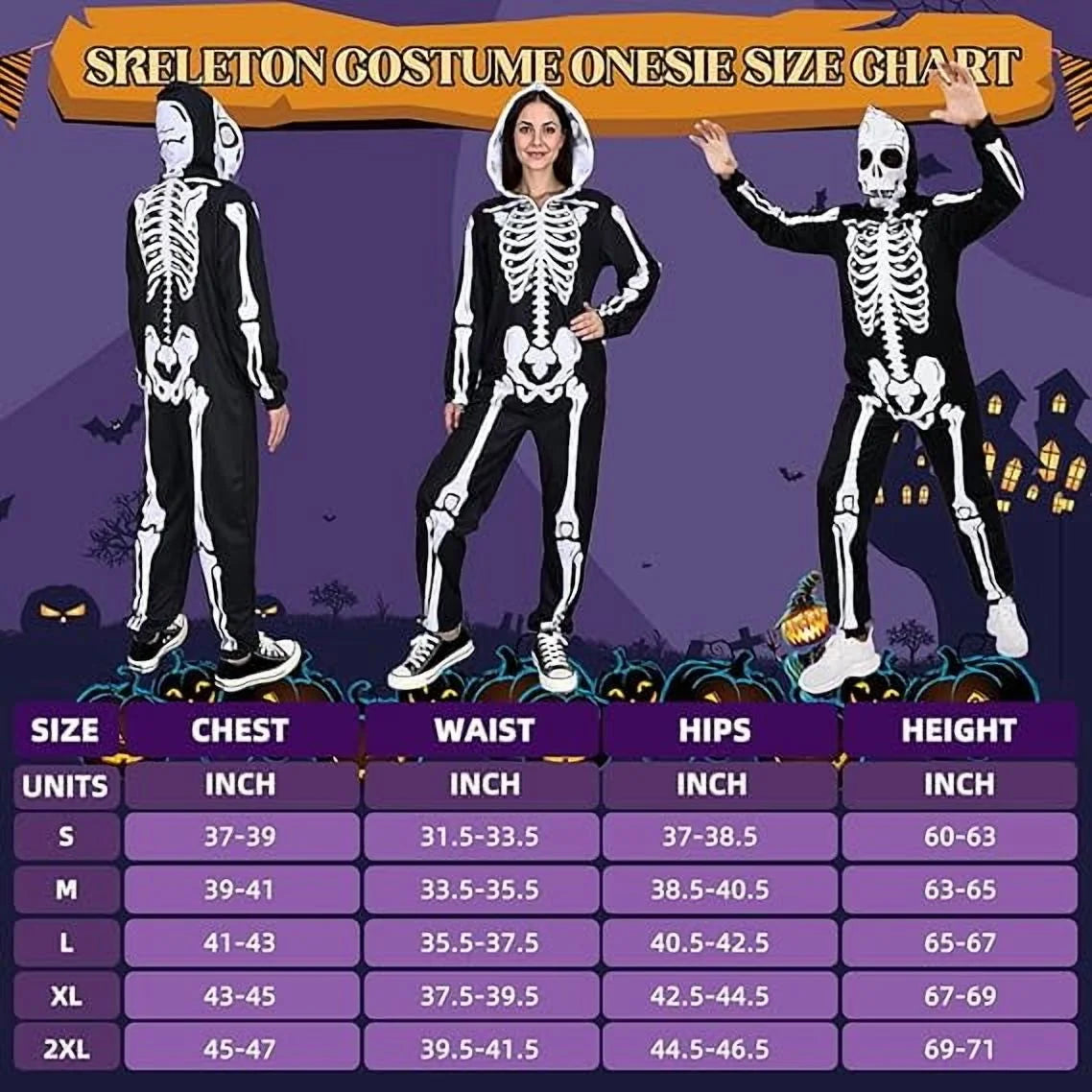 Halloween Women Skeleton Costumes Front and Back Bone Double Sided Print Skeleton Onesie Adult Hooded with Zip up Mask Jumpsuit