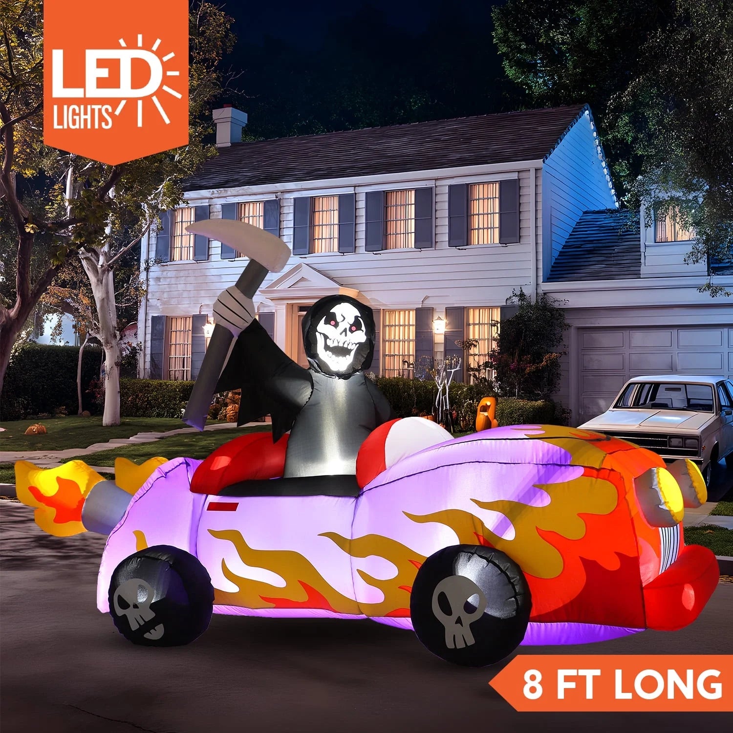 8Ft Long Halloween Inflatables Grim Reaper Driving Car Outdoor Decorations,Spooky Grim Reaper Carriage Built-In Leds,Blow up Halloween Decoration for Yard